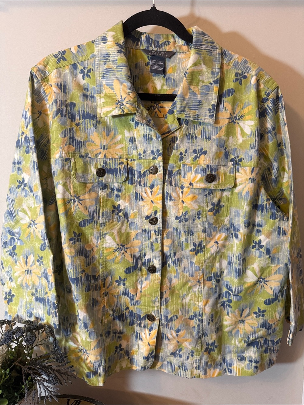 Vintage CityBlues Floral Button-Up Shirt Jacket in Green, Blue & Yellow